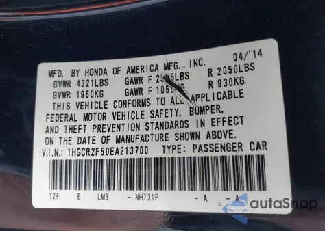 2014 Honda Accord Sport from USA, damaged, VIN 1HGCR2F50EA213700